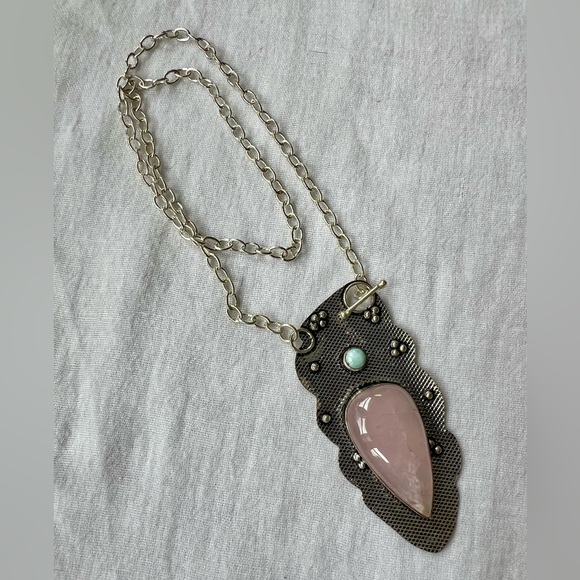 925 Rose Quartz + Larimar Statement Toggle Necklace - Picture 4 of 7